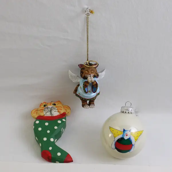 Lot of 3 Cat-Related Hanging Ornaments