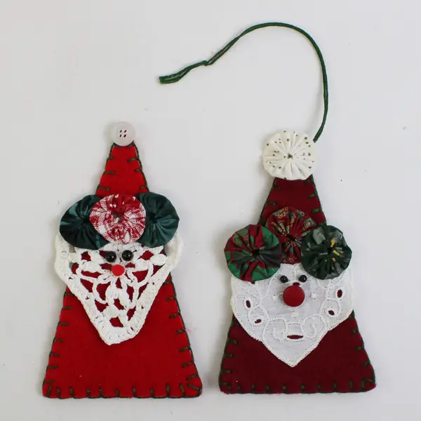 Lot of 2 Yo-Yo Patchwork Santa  Hanging Ornaments, Vintage