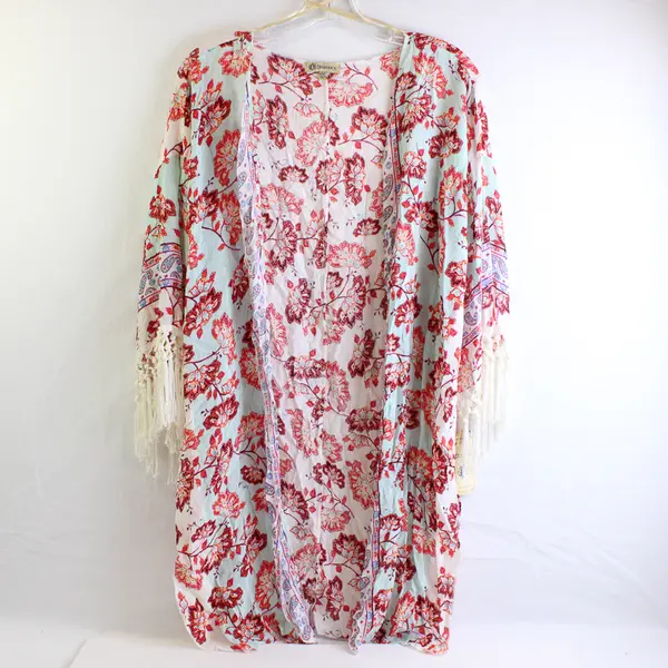 Democracy Women's 0/S Floral Open Front Fringe Sleeve Cardigan 