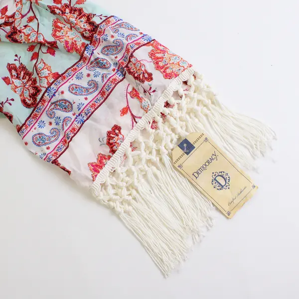 Democracy Women's 0/S Floral Open Front Fringe Sleeve Cardigan 