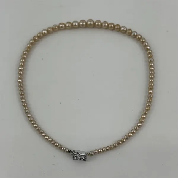  Vtg Faux Pearl Necklace 18” Graduated Size Pearls Box Clasp w/Rhinestones Japan