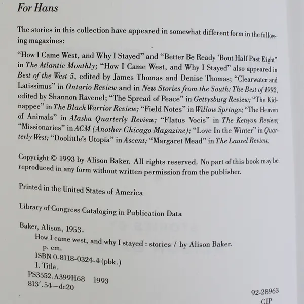How I Came West and Why I Stayed by Alison Baker Short Stories 1993 Paperback