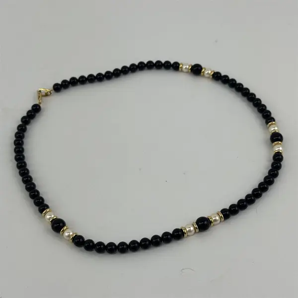 Vintage Napier Black & Gold Beaded  Faux Pearl Necklace 25"