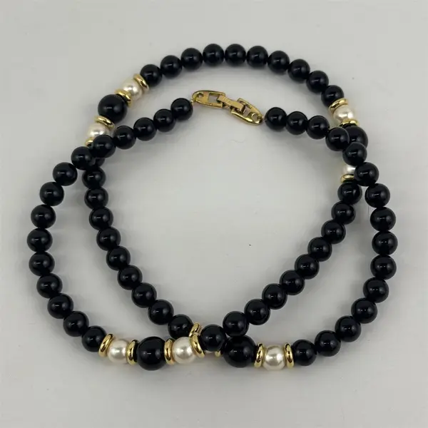 Vintage Napier Black & Gold Beaded  Faux Pearl Necklace 25"