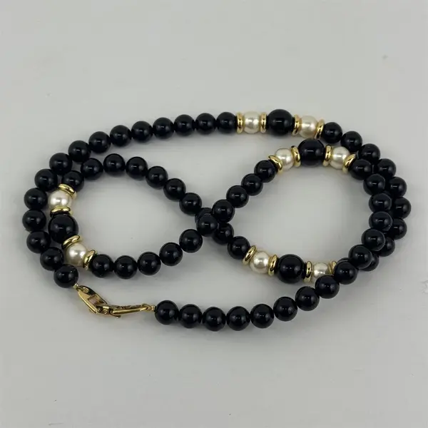 Vintage Napier Black & Gold Beaded  Faux Pearl Necklace 25"