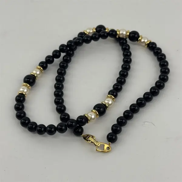 Vintage Napier Black & Gold Beaded  Faux Pearl Necklace 25"
