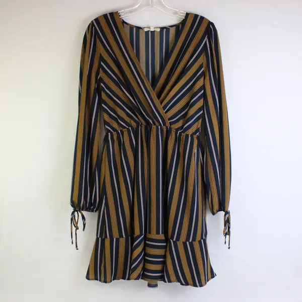 NWT Le Lis Women's S Navy and Brown Striped V-Neck Long Sleeve Dress