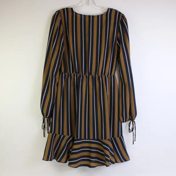 NWT Le Lis Women's S Navy and Brown Striped V-Neck Long Sleeve Dress
