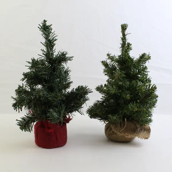 Lot of 2 Artificial Mini Christmas Trees with Burlap Covered Bases