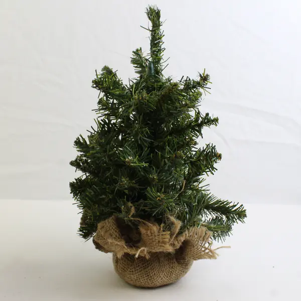 Lot of 2 Artificial Mini Christmas Trees with Burlap Covered Bases