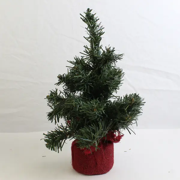 Lot of 2 Artificial Mini Christmas Trees with Burlap Covered Bases