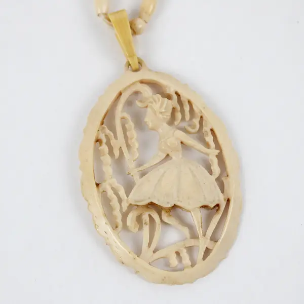 Vintage Celluloid Pendant Necklace, Lady in Garden 2.8" Tall Pendant 