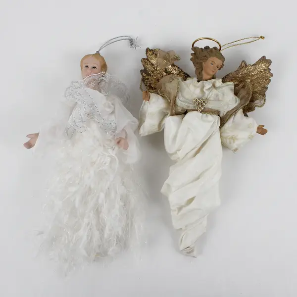 Lot of 2 White Angel Hanging Ornaments, Ceramic and Fabric