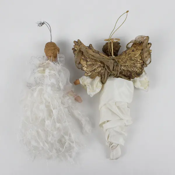 Lot of 2 White Angel Hanging Ornaments, Ceramic and Fabric