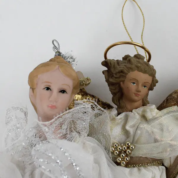 Lot of 2 White Angel Hanging Ornaments, Ceramic and Fabric