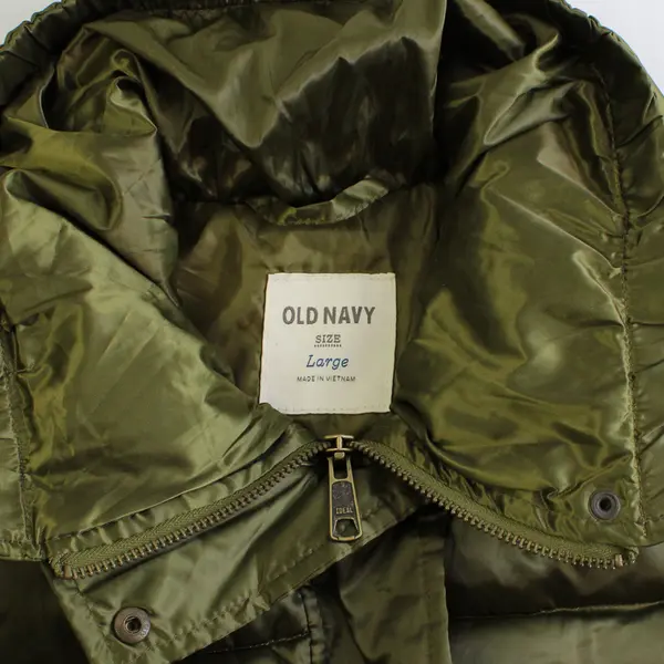 Old Navy Women's L Shiny Olive Green Puffer Full Zip and Snap Button Vest