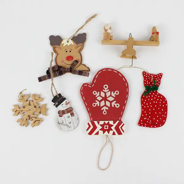 Lot of 6 Assorted Wooden Christmas Hanging Ornaments
