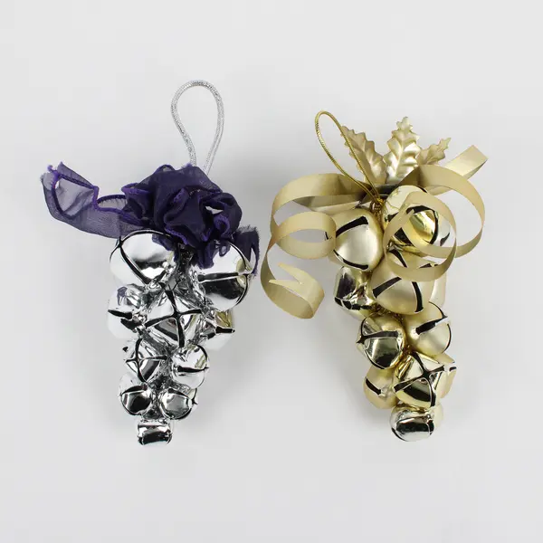 Lot of 2 Grape Cluster Metal Christmas Bells, Silver and Gold Color Finish