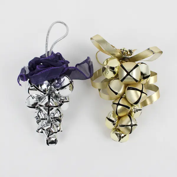 Lot of 2 Grape Cluster Metal Christmas Bells, Silver and Gold Color Finish