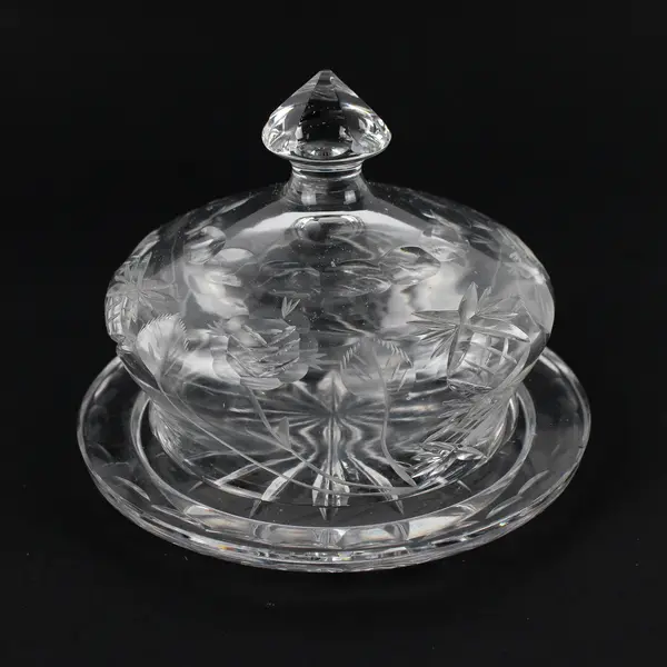 Vintage Clear Cut Glass Round Covered Butter Dish