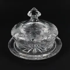 Vintage Clear Cut Glass Round Covered Butter Dish