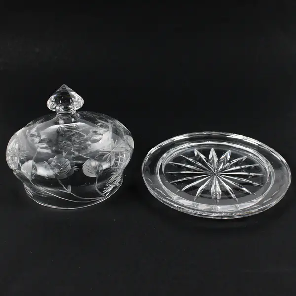 Vintage Clear Cut Glass Round Covered Butter Dish