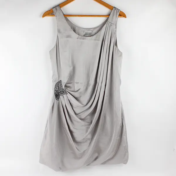 H&M Women's 8 Gray Silver Satin Sleeveless Bubble Dress with Beading Detailing 