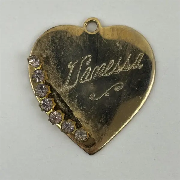 Gold Tone Heart Pendant With 7 Clear Rhinestones Engraved Vanessa