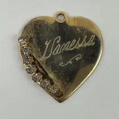 Gold Tone Heart Pendant With 7 Clear Rhinestones Engraved Vanessa