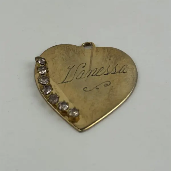 Gold Tone Heart Pendant With 7 Clear Rhinestones Engraved Vanessa
