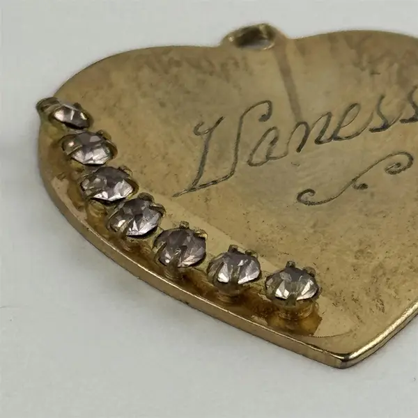 Gold Tone Heart Pendant With 7 Clear Rhinestones Engraved Vanessa