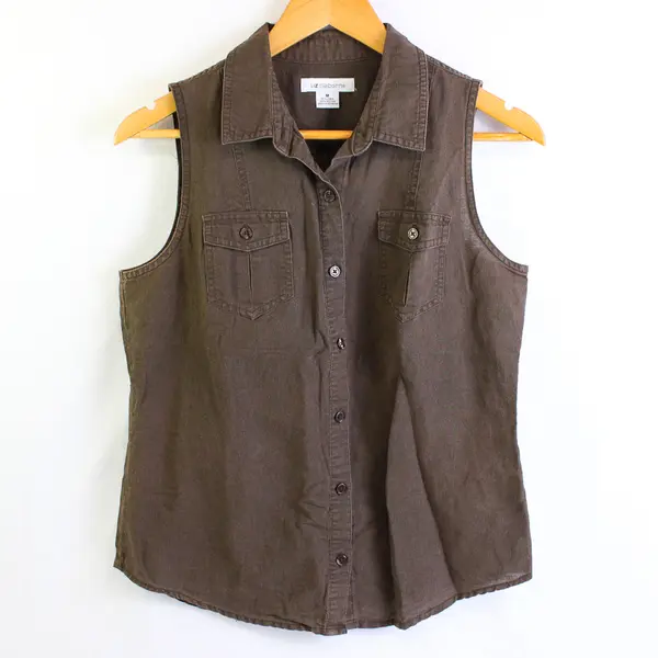 Liz Claiborne Women's M Brown Linen/Cotton Blend Collared Button Up Vest