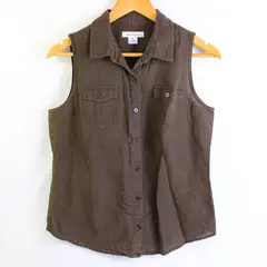 Liz Claiborne Women's M Brown Linen/Cotton Blend Collared Button Up Vest