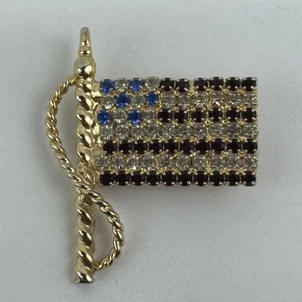 American Flag Brooch Pin With Zirconia And Simulated Rubies And Sapphires