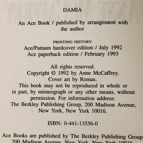 Damia by Anne McCaffrey Futuristic Love Story Science Fiction 1993 Paperback 