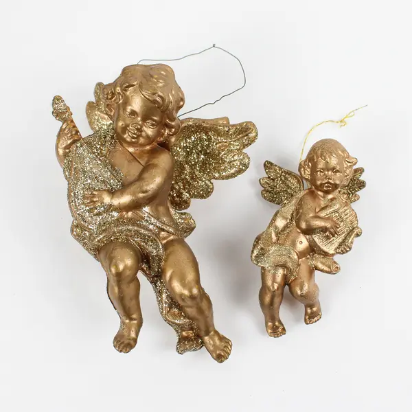 Lot of 2 Vintage Gold/Glitter Cherub Hanging Ornaments 