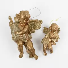 Lot of 2 Vintage Gold/Glitter Cherub Hanging Ornaments 