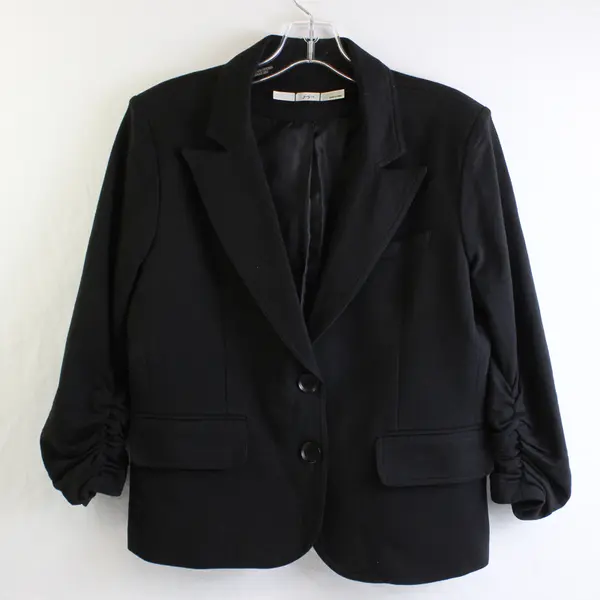 Gibson Women's L Black Lined Ruched Sleeve Button Up Blazer Jacket