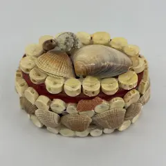 Vintage Seashell Trinket Jewelry Box Round Red Felt Lined Small 4.5in