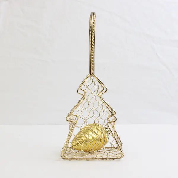 Small Gold Metal Tree-Shaped Wire Basket with Hanging Acorn Ornament Inside