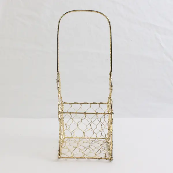 Small Gold Metal Tree-Shaped Wire Basket with Hanging Acorn Ornament Inside