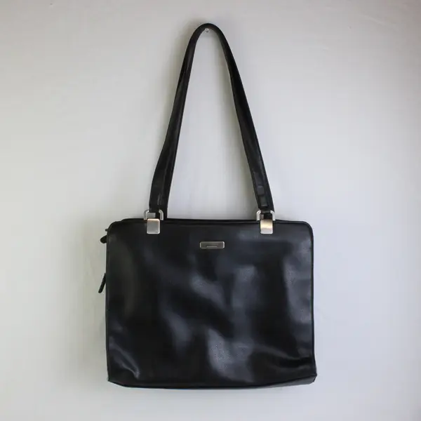 Liz Claiborne Solid Black Faux Leather Shoulder Bag Purse FLAWED