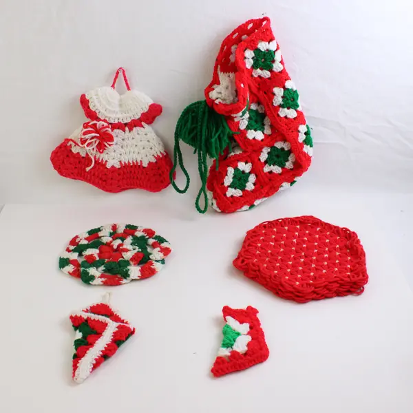 Lot of 6 Vintage Crochet Christmas Pieces Stocking, Coasters, Doll Dress, etc.