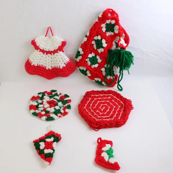 Lot of 6 Vintage Crochet Christmas Pieces Stocking, Coasters, Doll Dress, etc.