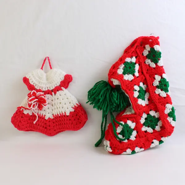 Lot of 6 Vintage Crochet Christmas Pieces Stocking, Coasters, Doll Dress, etc.