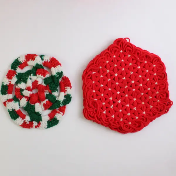 Lot of 6 Vintage Crochet Christmas Pieces Stocking, Coasters, Doll Dress, etc.