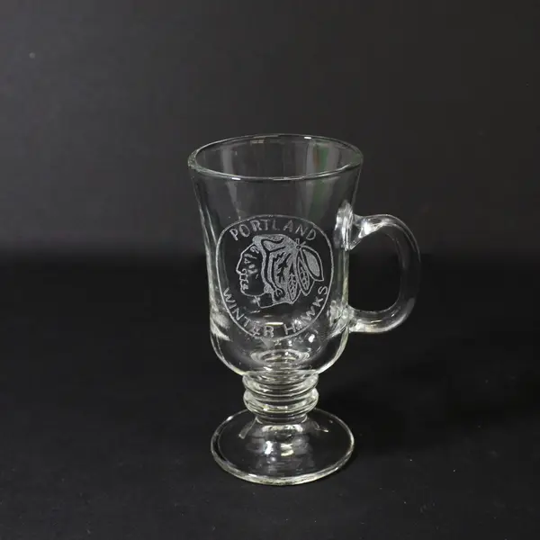 Libbey Portland Winter Hawks Etched Glass Footed Irish Coffee Mug