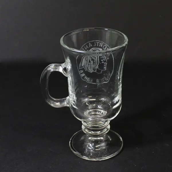 Libbey Portland Winter Hawks Etched Glass Footed Irish Coffee Mug