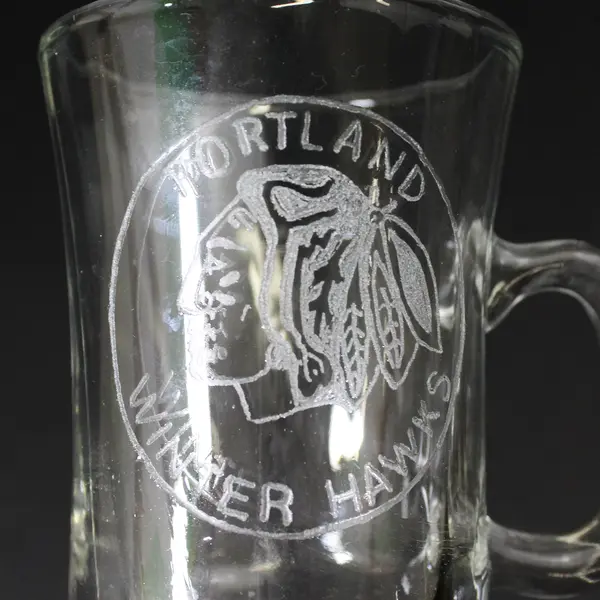 Libbey Portland Winter Hawks Etched Glass Footed Irish Coffee Mug