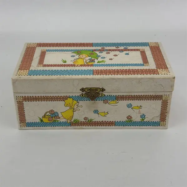 Vtg 1960s Cardboard Ballerina Musical Jewelry Box Girl Flowers Plays Rain Drops